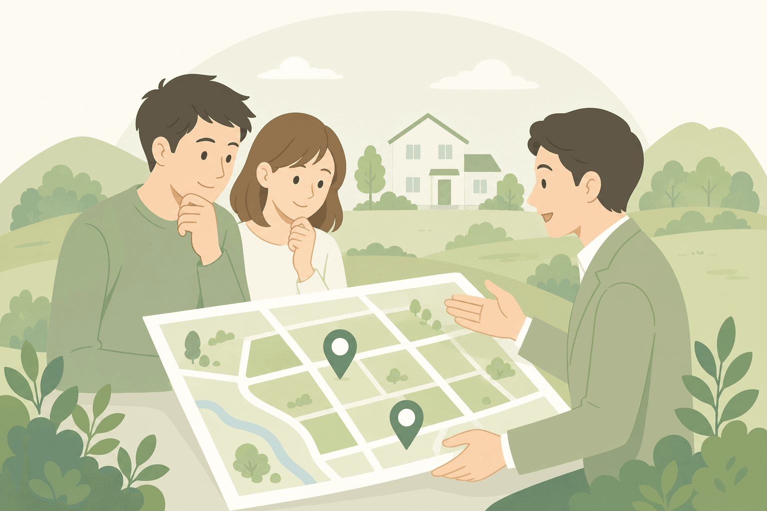 土地選びの相談イラスト