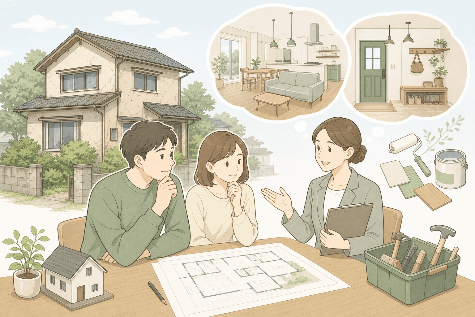 中古住宅とリフォームの相談イラスト